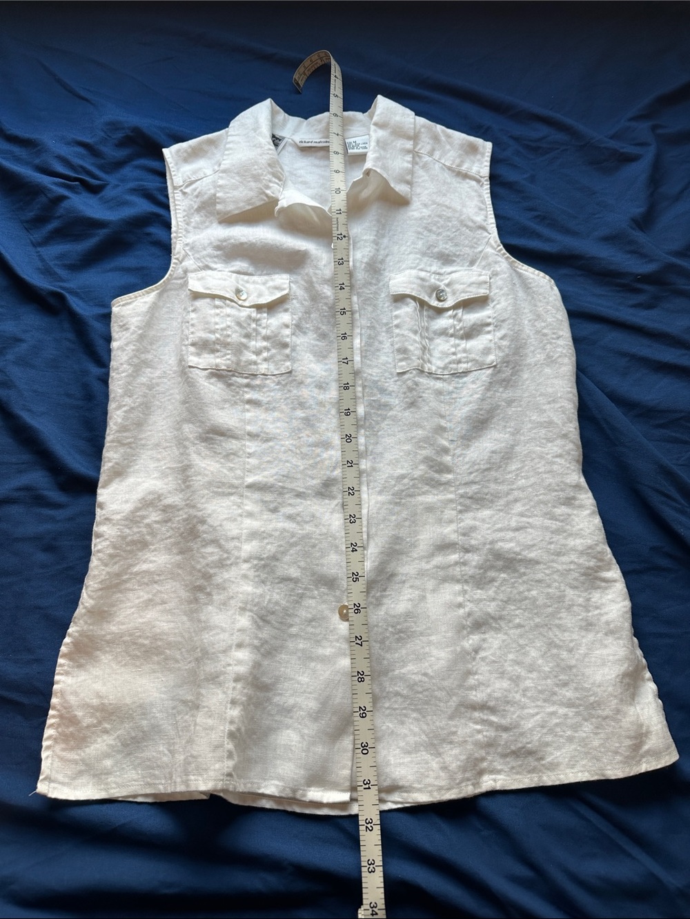 Sleeveless Button-Front White Linen Shirt by Richard Malcolm Irish Linen Medium - Picture 15 of 16